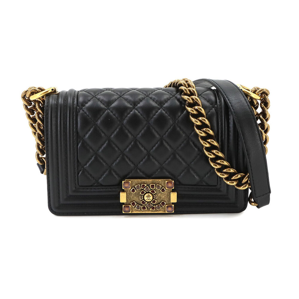 Chanel Boy Small Chain Shoulder Handbag, Lambskin, Black, A67085, Gold Hardware